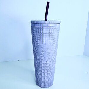 Starbucks 24 oz Tumbler‎ 2021 Matte Lilac Purple Grid with Straw Venti Cold Cup